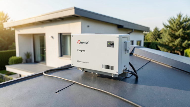 onduleur hybride fronius installé sur le toit d'une maison moderne, capturé en haute résolution avec éclairage naturel