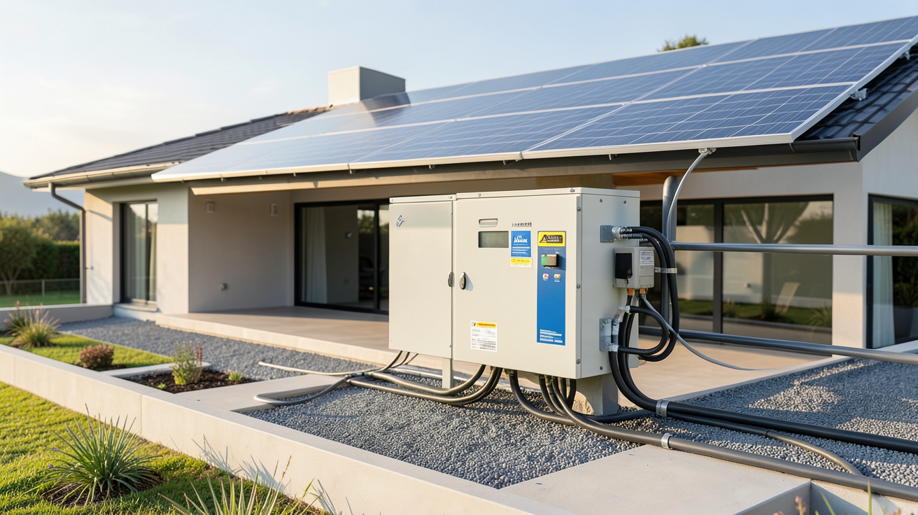 onduleur hybride installé dans une installation solaire résidentielle avec panneaux photovoltaïques
