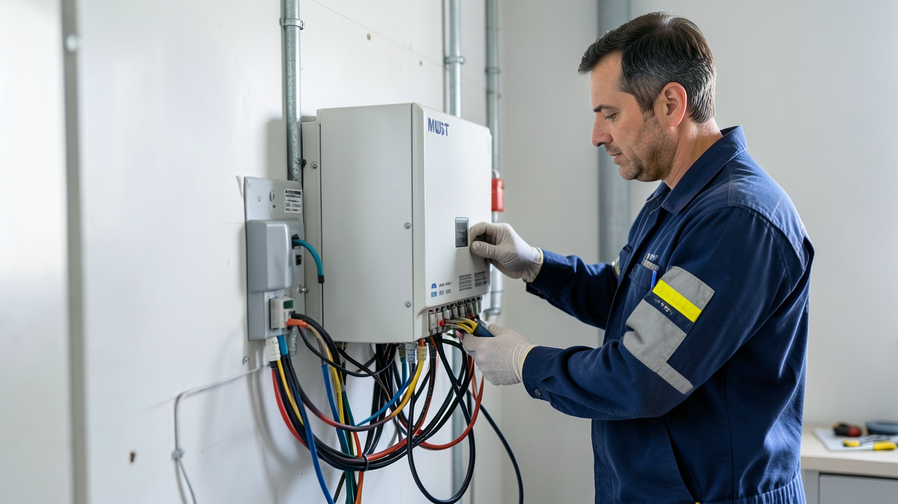 onduleur hybride MUST en cours d'installation pas à pas par un technicien