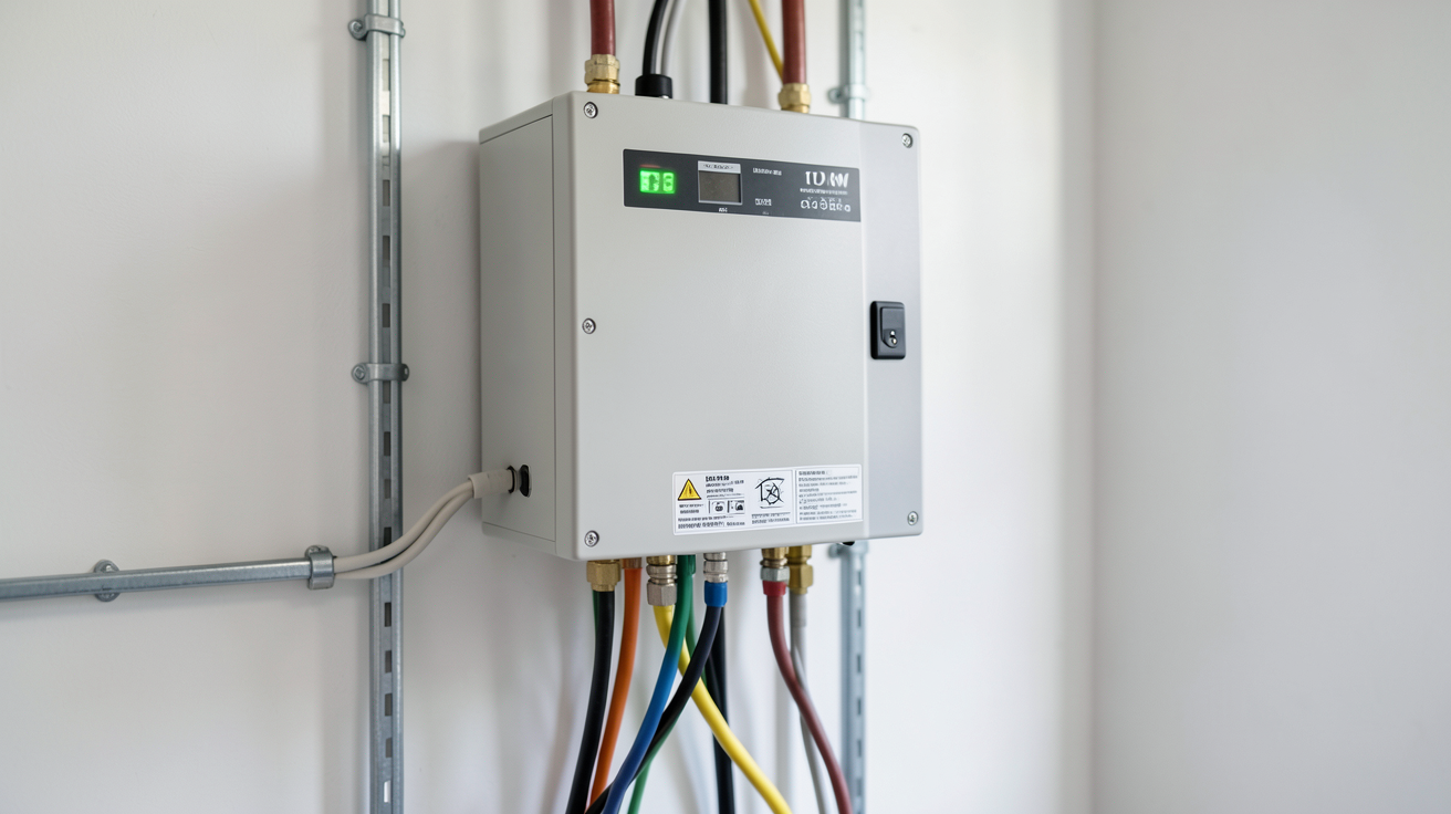 onduleur hybride triphasé 10kW installé dans un local technique avec câbles et connexions visibles