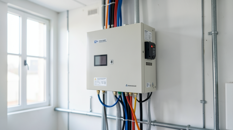 onduleur hybride triphasé 10 kW installé dans un local technique professionnel