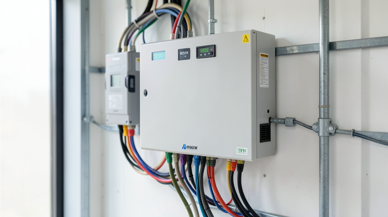 onduleur hybride triphasé 10kW en cours d'installation avec câbles connectés dans un local technique