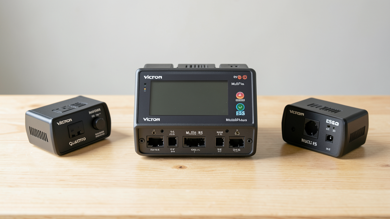 onduleur hybride Victron avec les modèles MultiPlus, Quattro, Multi RS et ESS disposés en comparaison