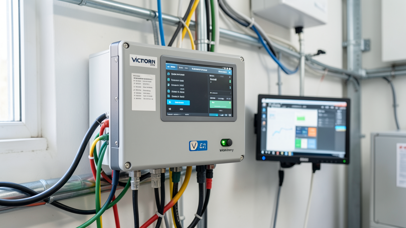 onduleur hybride Victron installé dans un local technique avec écrans de configuration