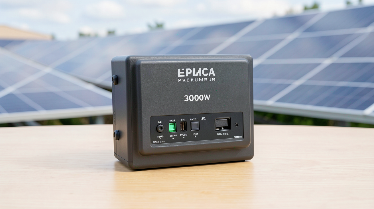 onduleur panneau solaire 3000W posé sur une surface en bois clair avec des panneaux solaires en arrière-plan