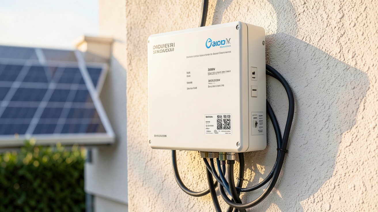 onduleur panneau solaire 3000w installé avec câbles et panneaux solaires en arrière-plan