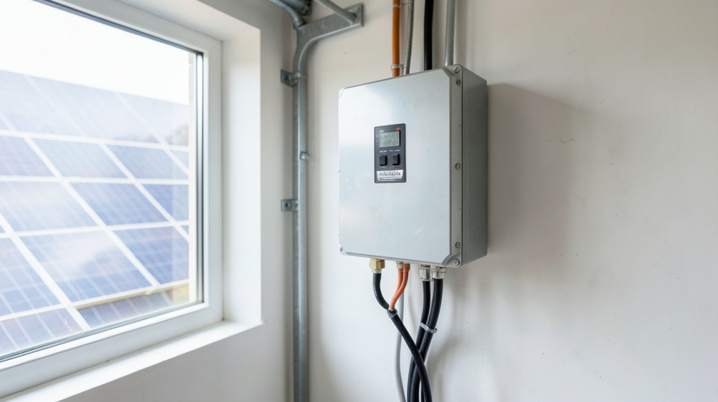 onduleur panneau solaire 3000W installé dans un garage moderne avec des panneaux solaires en arrière-plan