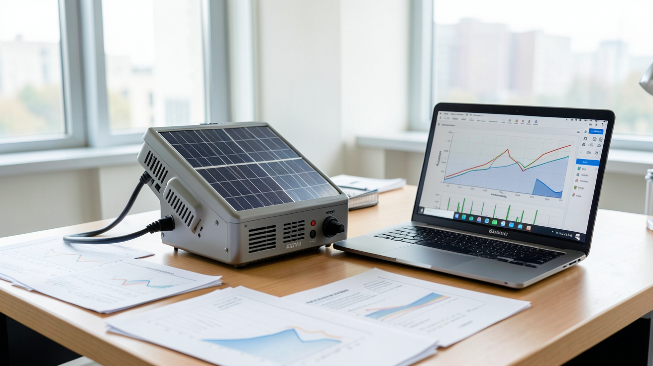 onduleur panneau solaire 5000W posé sur une table avec des documents techniques et un ordinateur portable