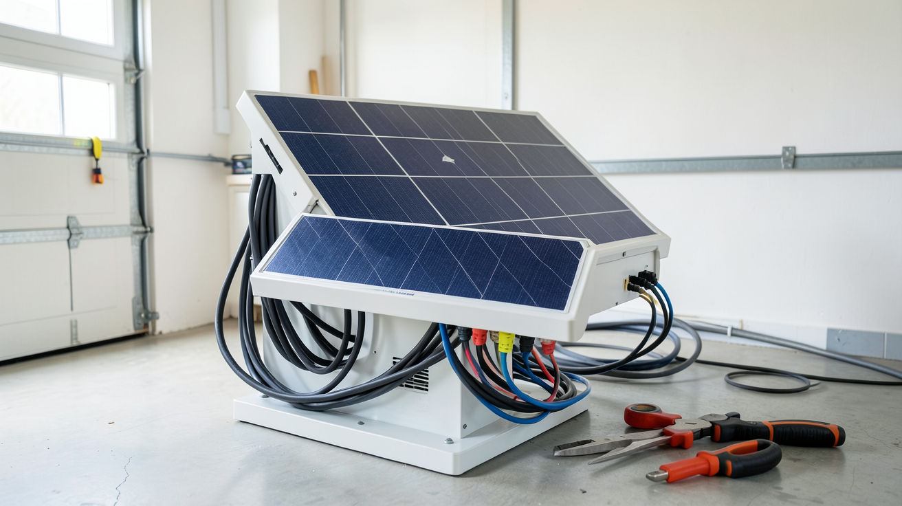 onduleur panneau solaire 5000W installé dans un garage avec outils de bricolage
