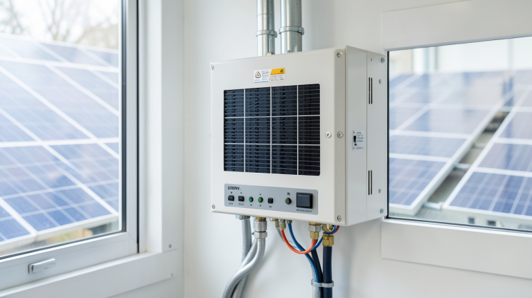 onduleur panneau solaire 5000W installé dans un local technique avec panneaux solaires visibles