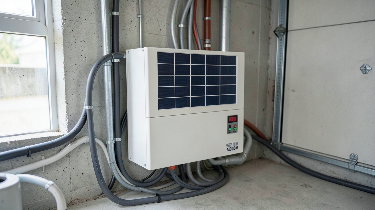 onduleur panneau solaire 6000W installé dans un local technique avec câbles organisés