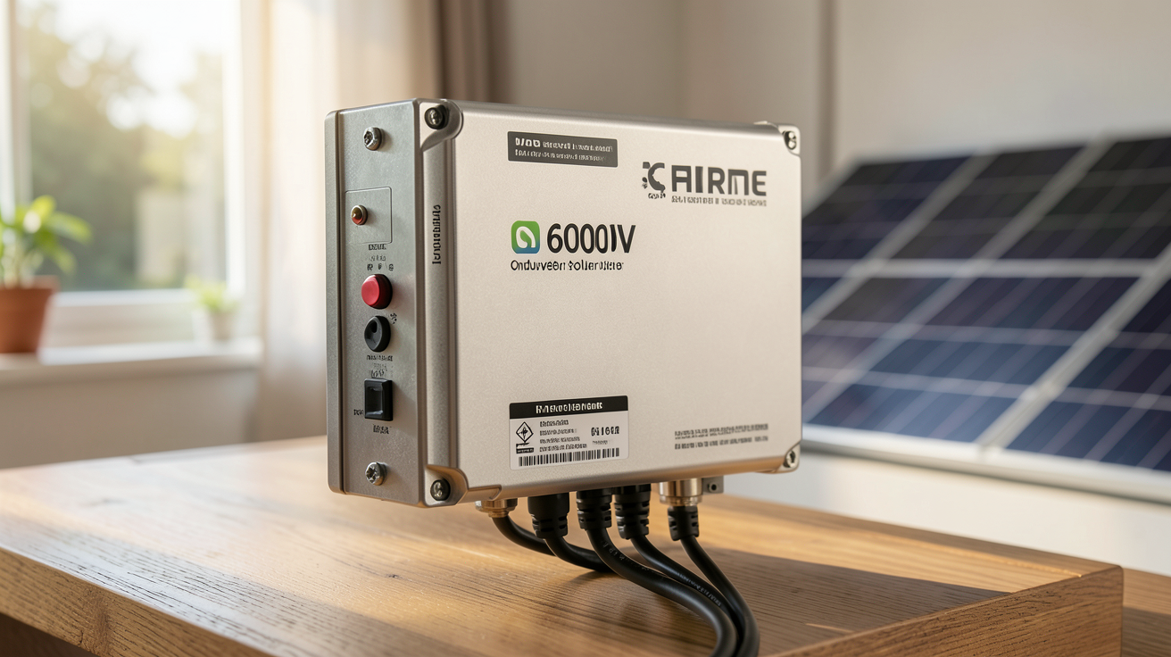 onduleur panneau solaire 6000W installé avec des panneaux solaires en arrière-plan