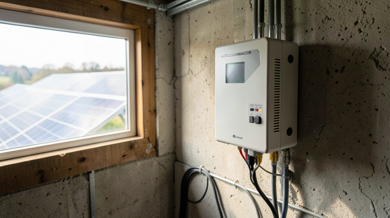 onduleur panneau solaire autoconsommation installé dans un espace technique avec des câbles et connecteurs visibles