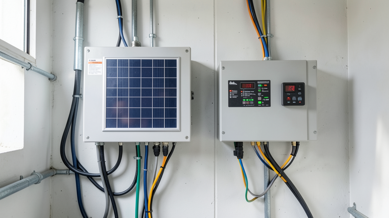 onduleur panneau solaire autoconsommation avec micro-onduleurs et onduleur central dans un local technique