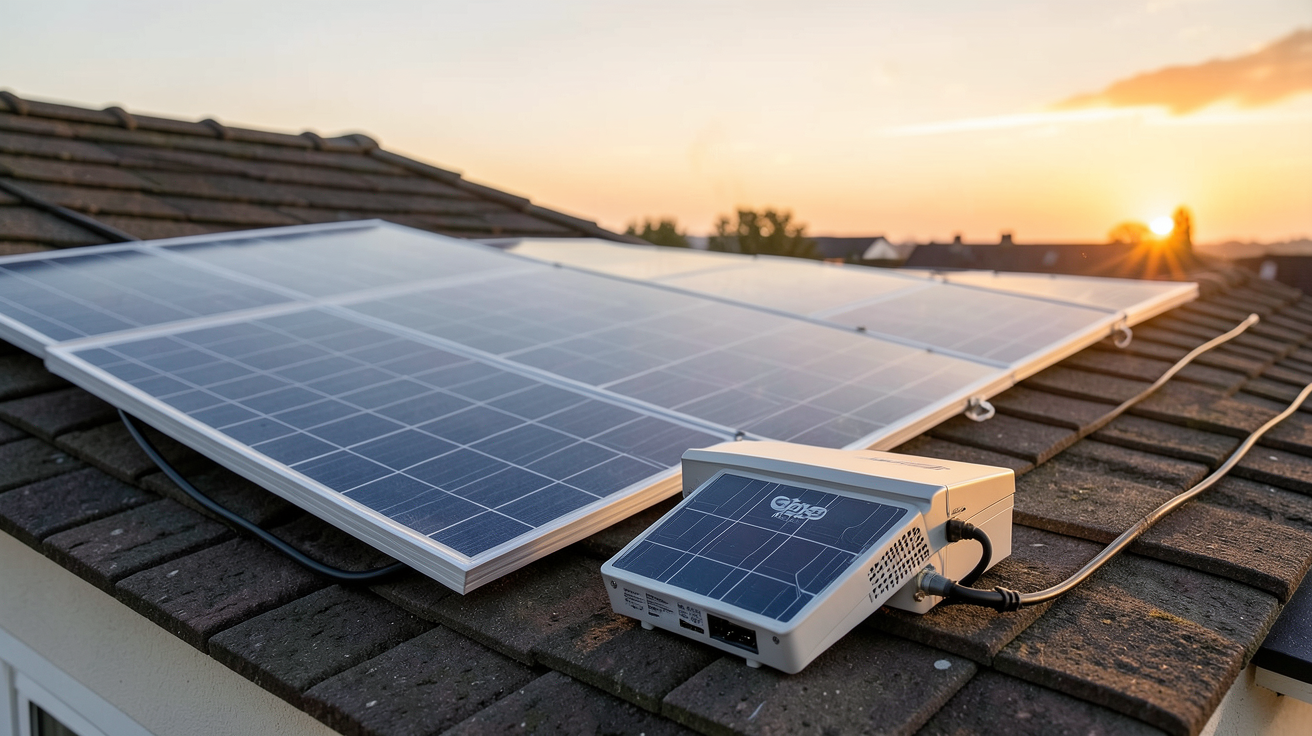 onduleur panneau solaire installé à côté d'un panneau photovoltaïque sur un toit de maison