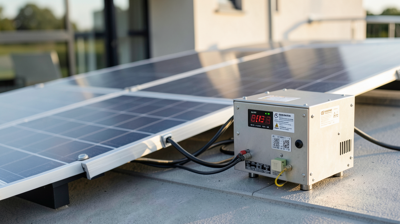 onduleur pour panneau solaire installé à côté d'un panneau photovoltaïque sur un toit moderne, expliquant son rôle dans la conversion d'énergie