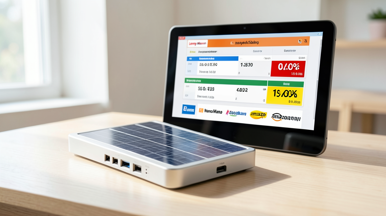 onduleur panneau solaire prix comparatif 2026 avec écran affichant des enseignes spécialisées