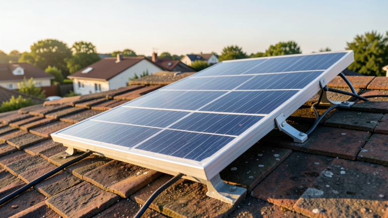 onduleur panneau solaire prix représentant l’onduleur installé sur un toit avec panneaux solaires sous lumière du jour