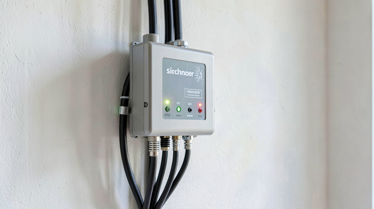 onduleur panneau solaire Schneider en fonctionnement avec câbles connectés et voyants lumineux