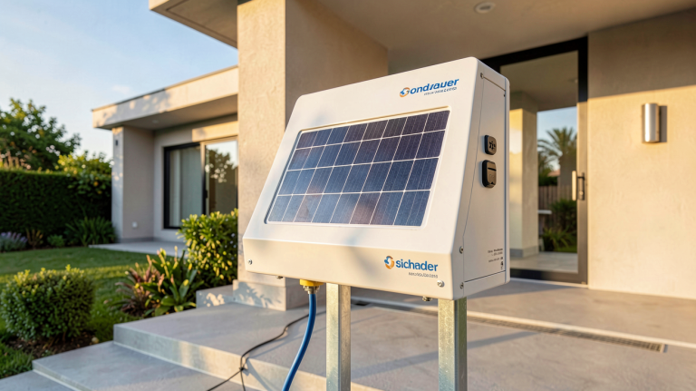 onduleur panneau solaire Schneider installé à l'extérieur d'une maison moderne