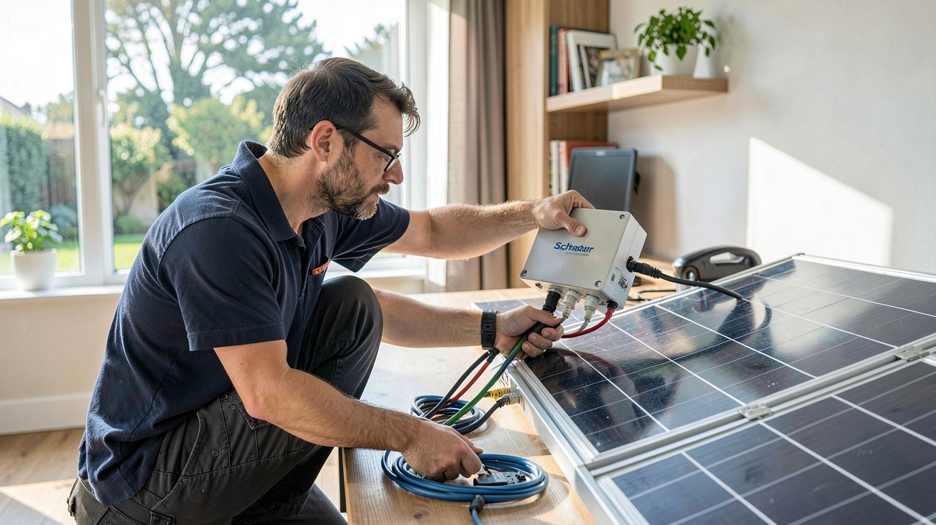 onduleur panneau solaire Schneider en cours d'installation et de mise en service par un technicien