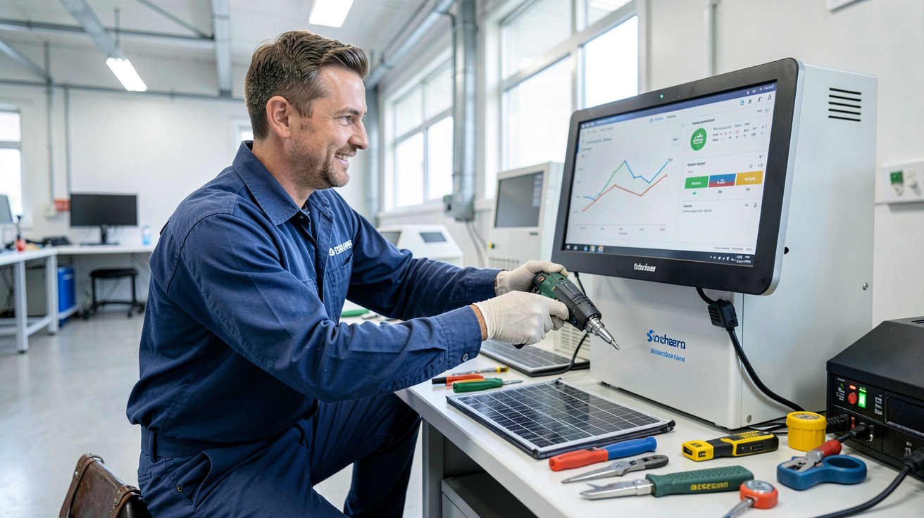 onduleur panneau solaire Schneider en cours de maintenance préventive par un technicien
