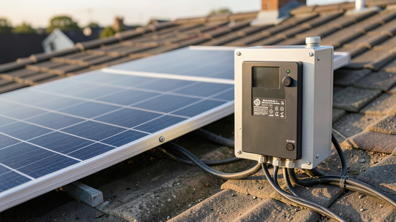 onduleur panneaux photovoltaïque installé à côté d'un panneau solaire sur un toit