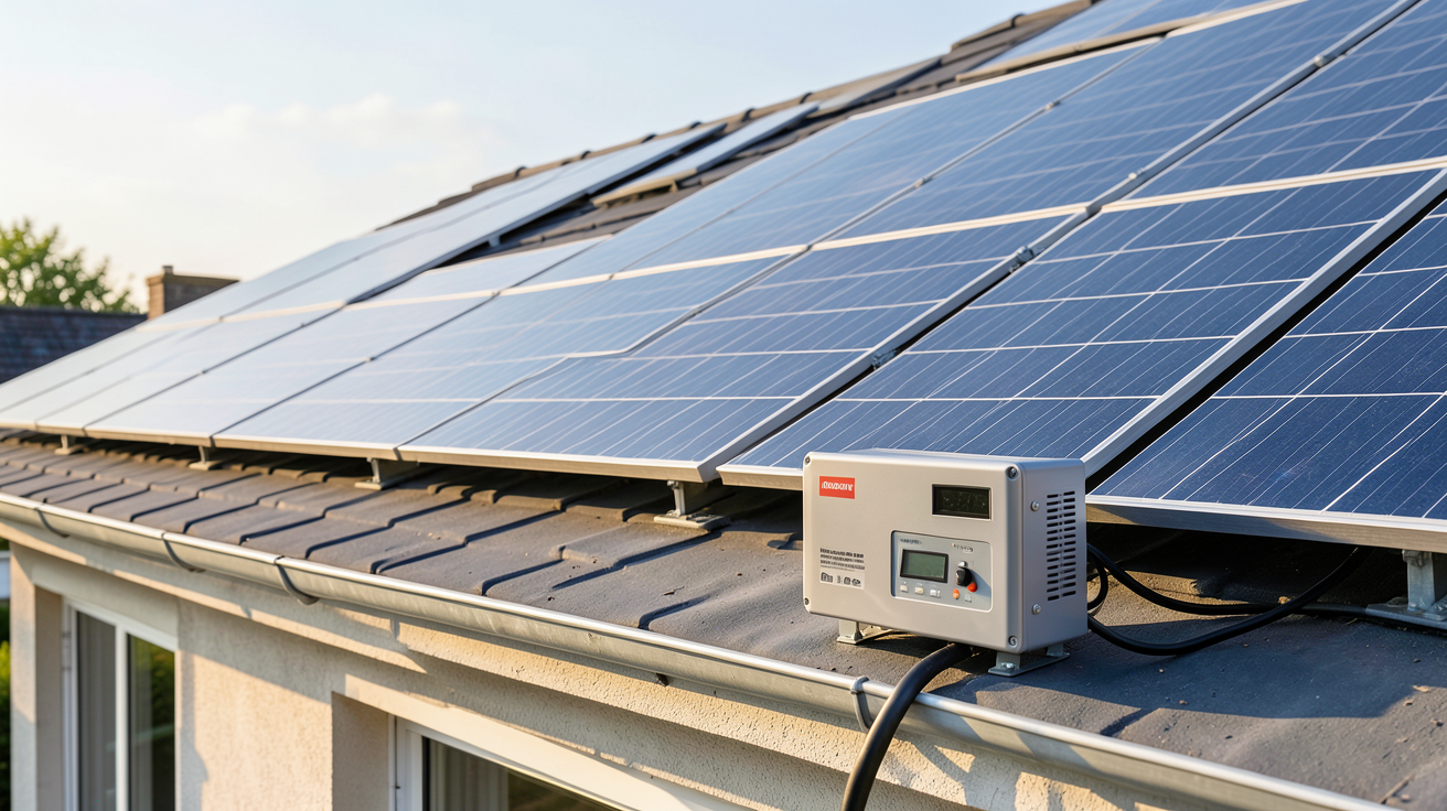 onduleur photovoltaïque installé à côté de panneaux solaires sur le toit d'une maison