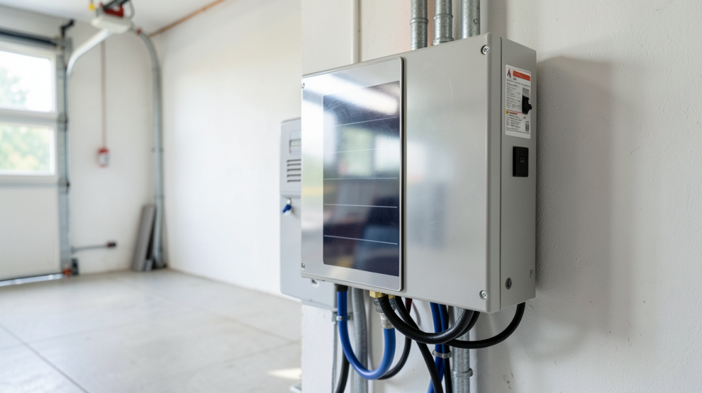 onduleur pour panneaux photovoltaïques installé dans un garage moderne et bien éclairé