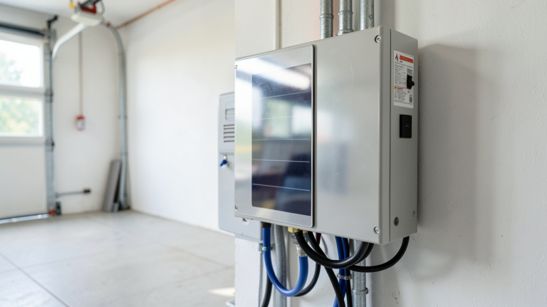 onduleur pour panneaux photovoltaïques installé dans un garage moderne et bien éclairé