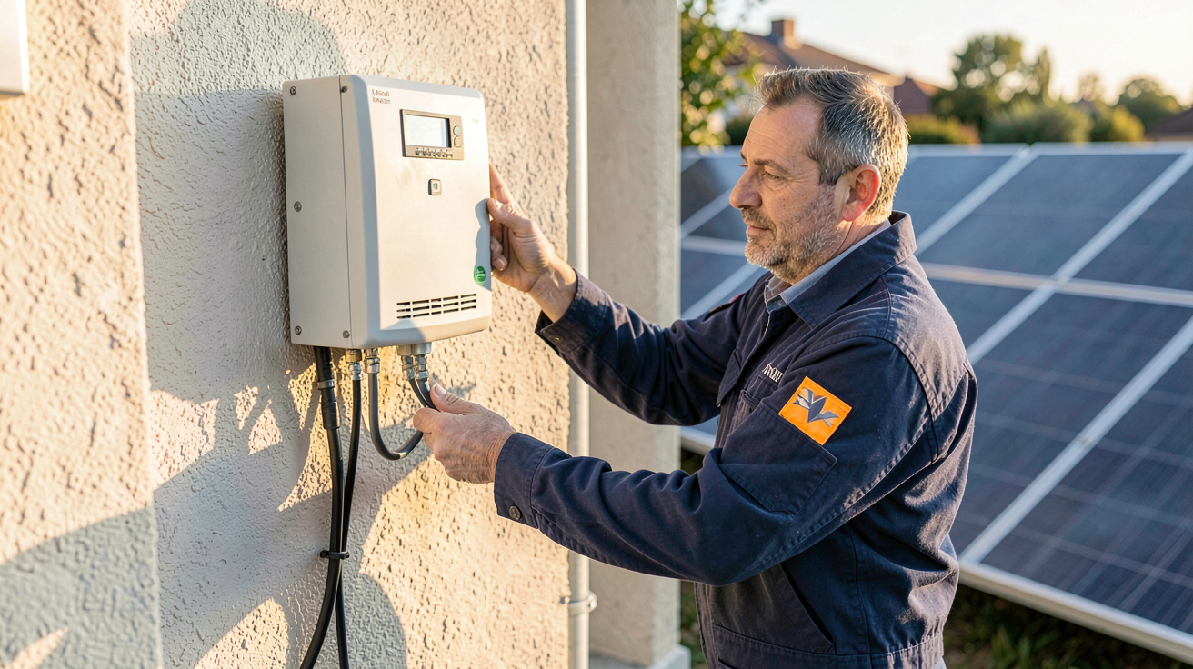 onduleur photovoltaïque en cours d'installation ou de maintenance par un technicien sur un mur extérieur avec panneaux solaires en arrière-plan