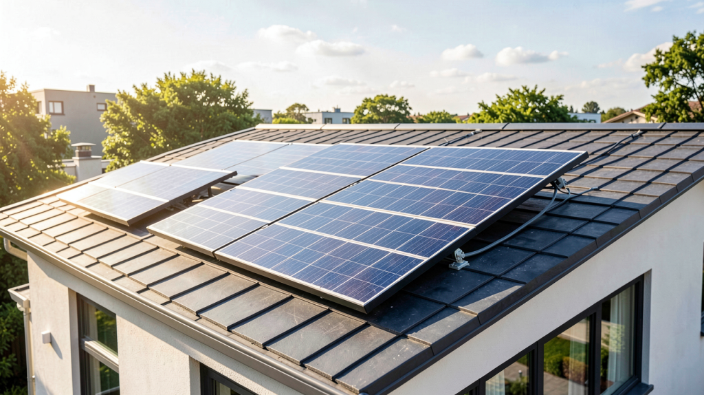 onduleur panneaux photovoltaïques installé sur le toit d'une maison moderne, avec des panneaux solaires réfléchissant la lumière du jour