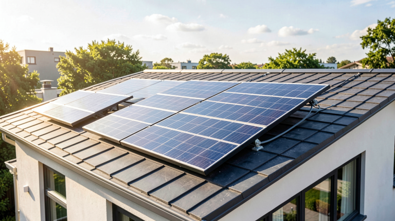 onduleur panneaux photovoltaïques installé sur le toit d'une maison moderne, avec des panneaux solaires réfléchissant la lumière du jour