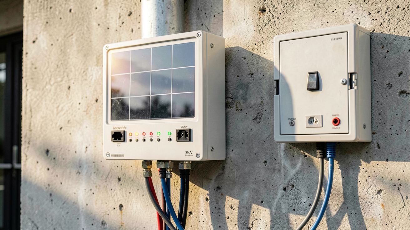 onduleur photovoltaïque 3kW installé sur un mur extérieur avec des câbles solaires connectés