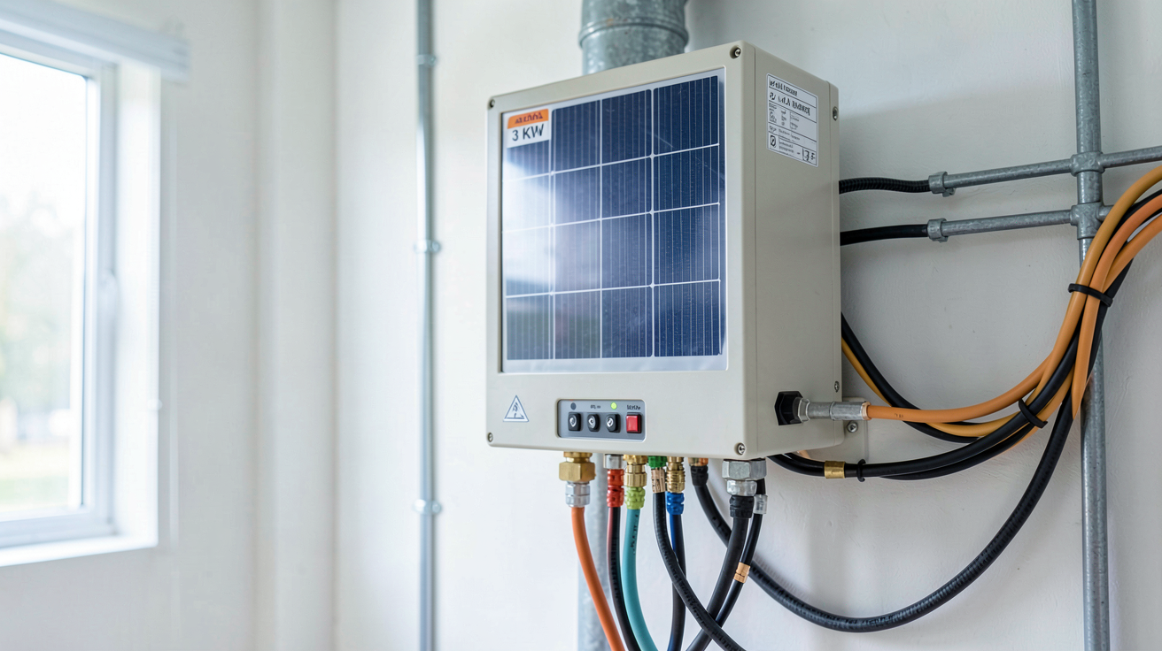 onduleur photovoltaïque 3 kW installé dans un local technique avec câbles et connecteurs visibles