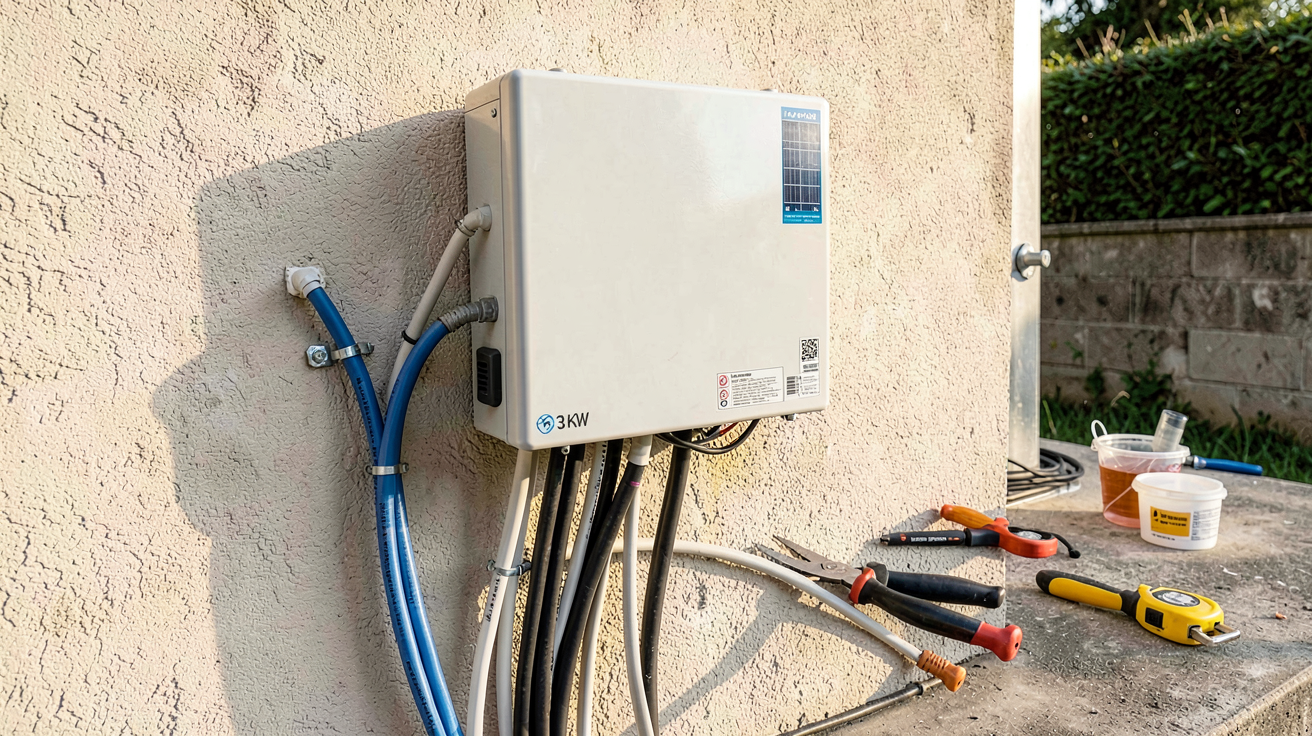onduleur photovoltaïque 3 kW en cours d'installation sur un mur extérieur avec outils et câbles