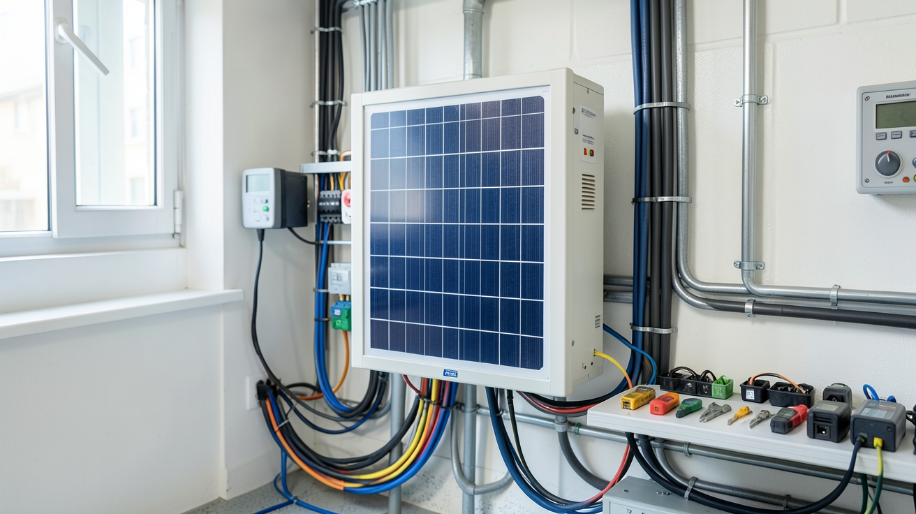 onduleur photovoltaïque installé dans un local technique avec outils de mesure et câbles électriques organisés