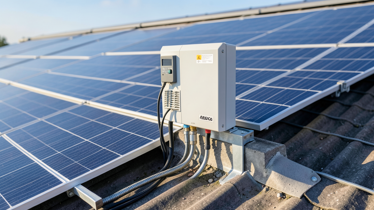 onduleur photovoltaïque installé sur un toit avec panneaux solaires, montrant son boîtier et les câbles de connexion
