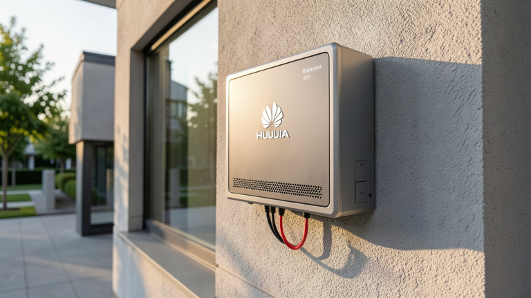 onduleur photovoltaïque Huawei installé sur un mur extérieur d'une maison urbaine moderne
