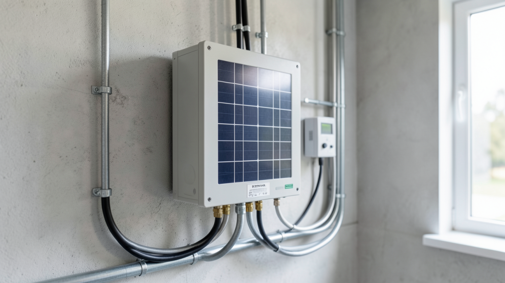 onduleur photovoltaïque hybride installé dans un local technique d'une maison moderne