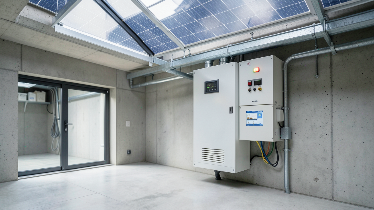 onduleur photovoltaïque hybride installé dans un garage technique d'une maison moderne avec panneaux solaires sur le toit