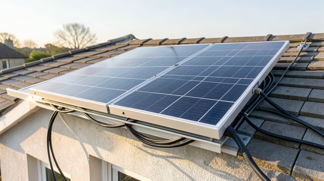 onduleur photovoltaïque installé sur le toit d'une maison avec panneaux solaires