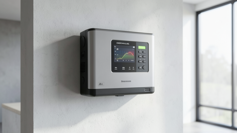 onduleur photovoltaique installé proprement sur un mur blanc dans une installation solaire résidentielle