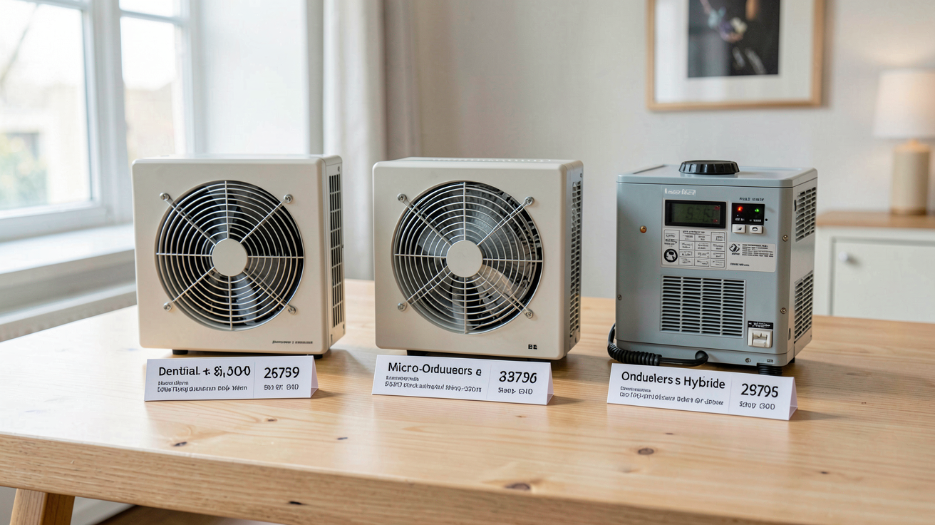 onduleur photovoltaïque prix : comparaison entre onduleur central, micro-onduleur et hybride avec étiquettes de prix
