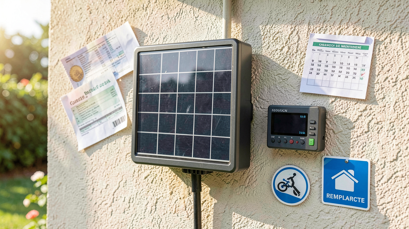 onduleur photovoltaïque installé sur un mur extérieur avec des éléments représentant les coûts cachés : facture, garantie, maintenance et remplacement