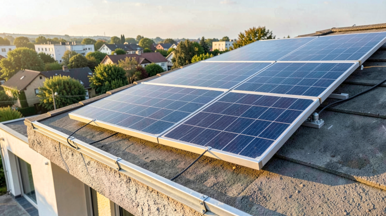 onduleur photovoltaïque installé près d'un panneau solaire sur une toiture résidentielle