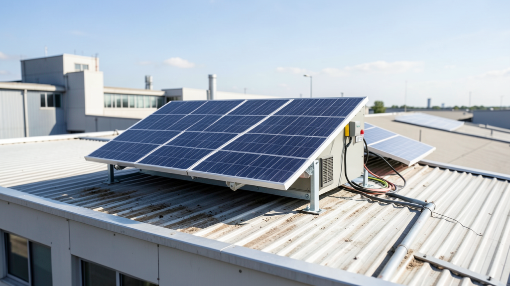 onduleur photovoltaique triphasé installé sur le toit d'un bâtiment industriel