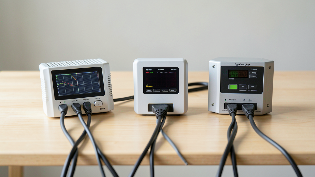 onduleur photovoltaïque de trois types différents alignés sur une table : string, micro-onduleur et hybride