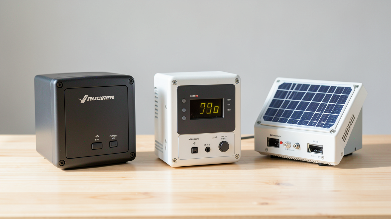 onduleur pour panneau solaire prix : comparaison entre onduleur central, micro-onduleur et onduleur hybride posés sur une table en bois