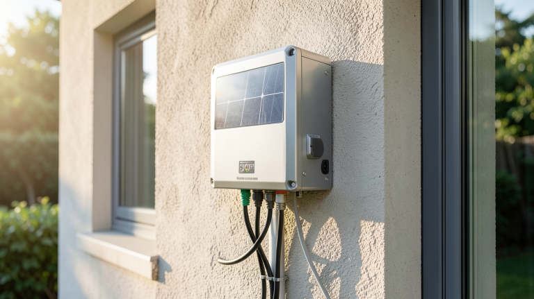 onduleur pour panneau solaire prix installé à l'extérieur d'une maison avec câbles organisés